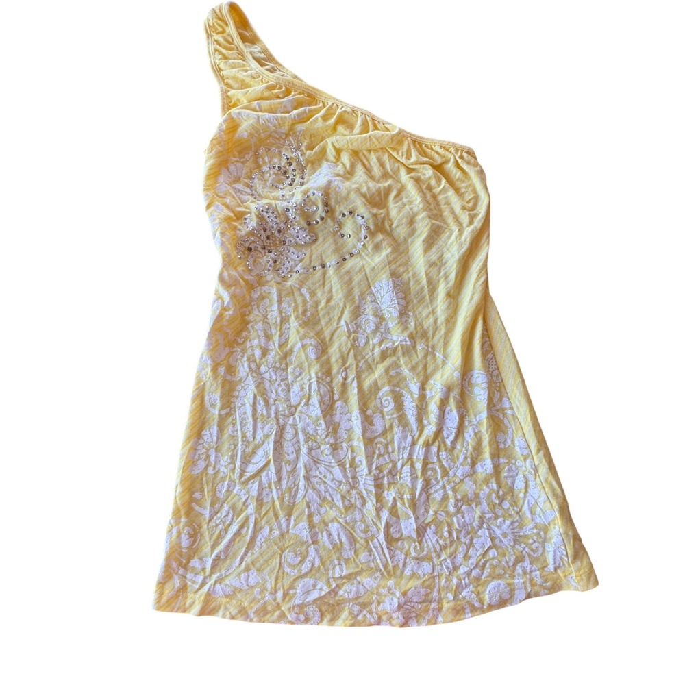 Y2K One Shoulder Top Women Large Bratz Yellow Floral Rhinestone Fairy Streetware